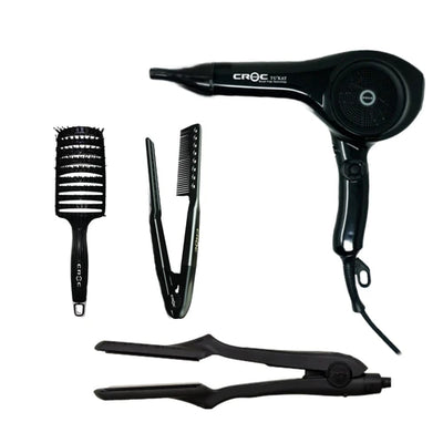 Croc Professional 4pc Ultimate Styling Value Set (Flat Iron, Hair Dryer, Vented Hair Brush, Styling Comb)